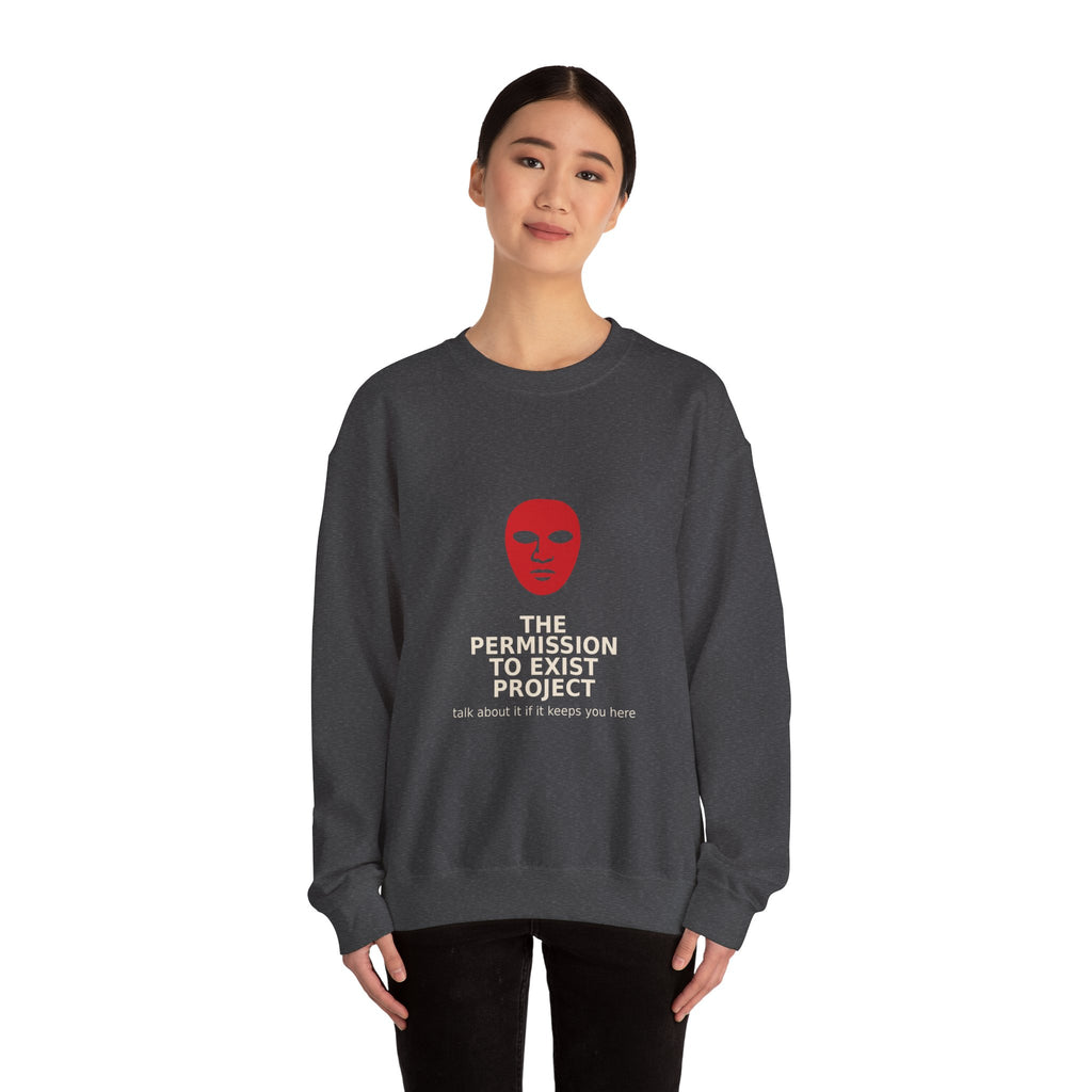 Permission to Exist Crewneck Sweatshirt — Red Mask Graphic