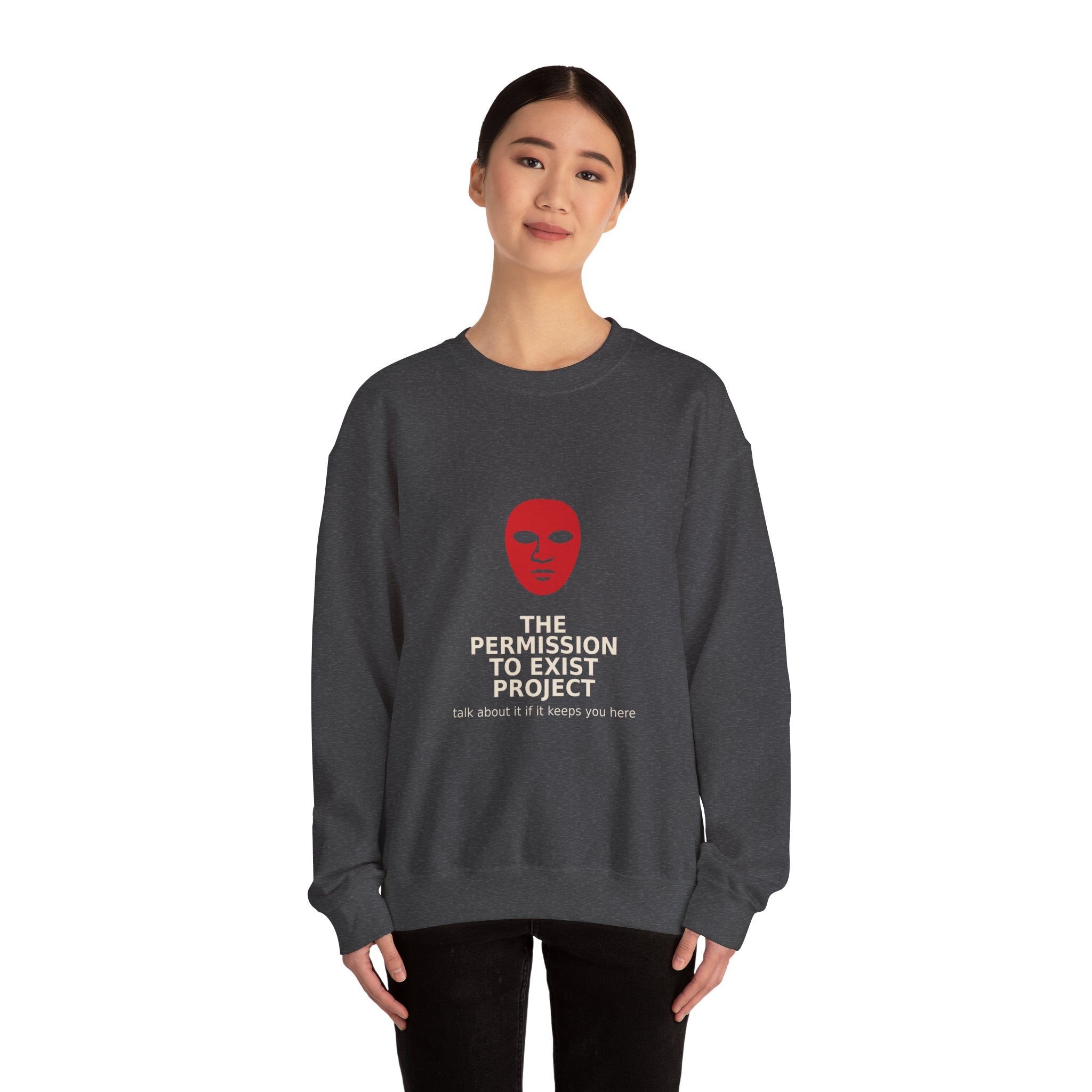 Permission to Exist Crewneck Sweatshirt — Red Mask Graphic