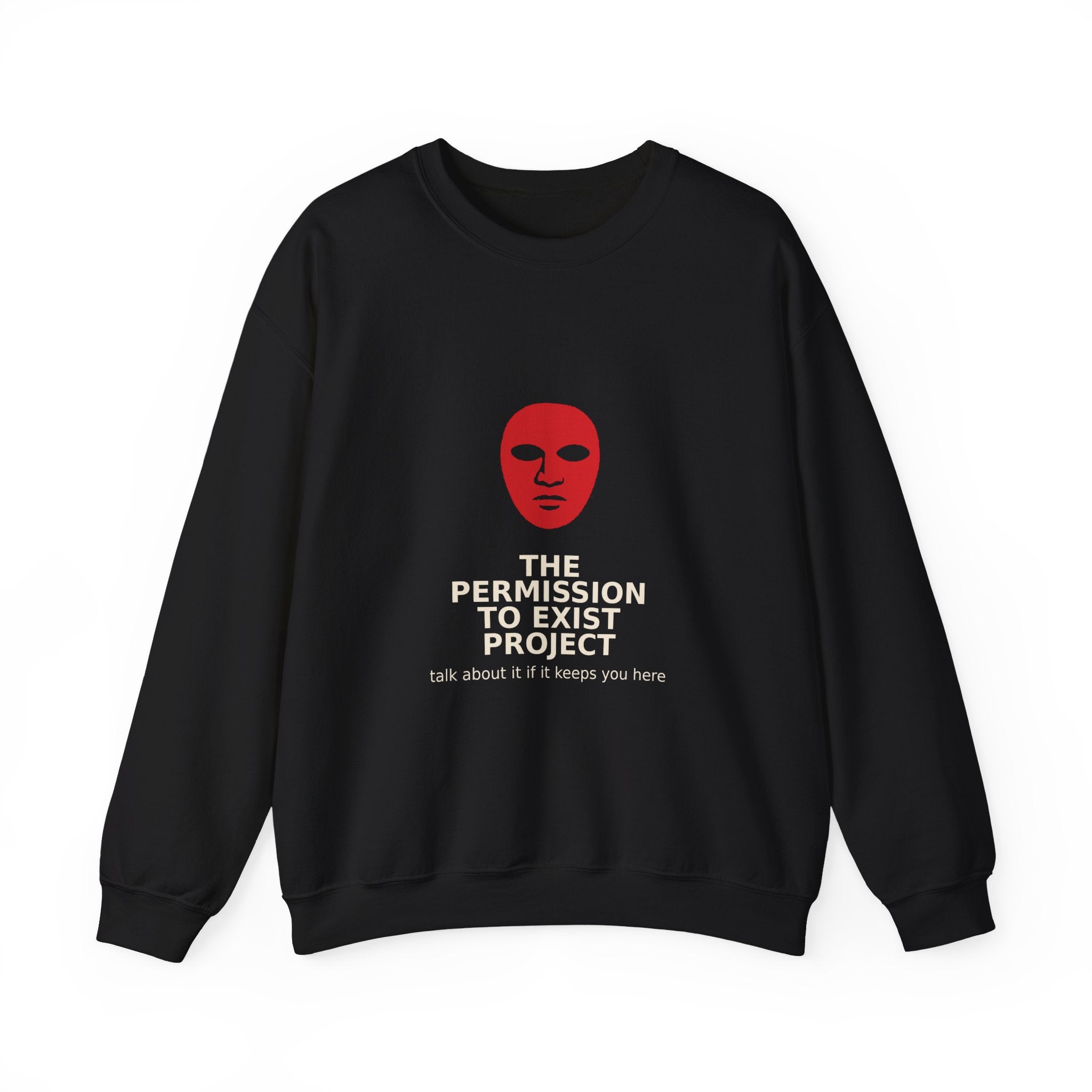 Permission to Exist Crewneck Sweatshirt — Red Mask Graphic