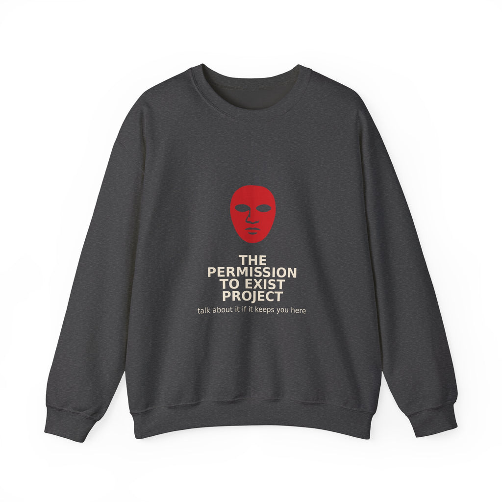 Permission to Exist Crewneck Sweatshirt — Red Mask Graphic