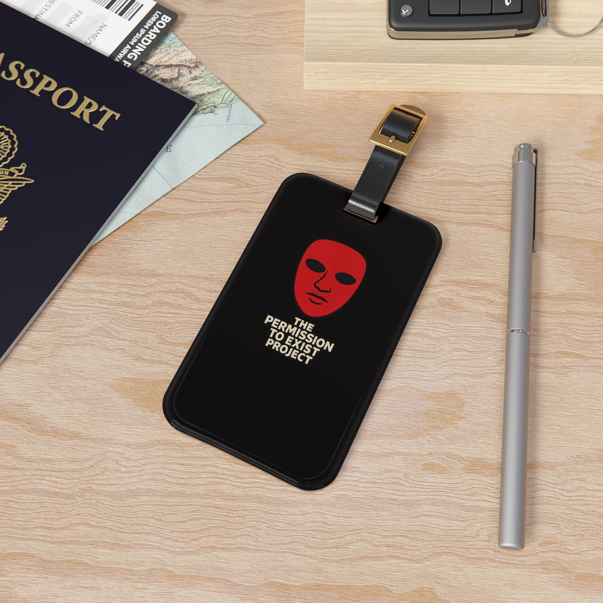 Black Luggage Tag - Red Mask "The Permission to Exist Project" Travel ID