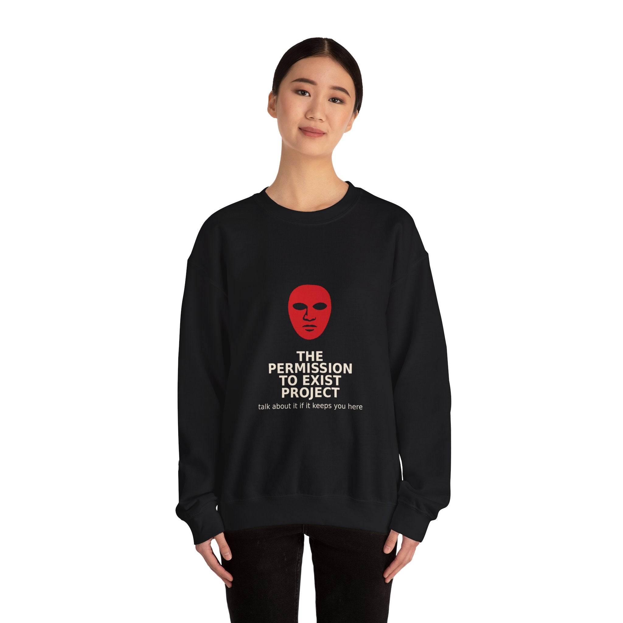 Permission to Exist Crewneck Sweatshirt — Red Mask Graphic
